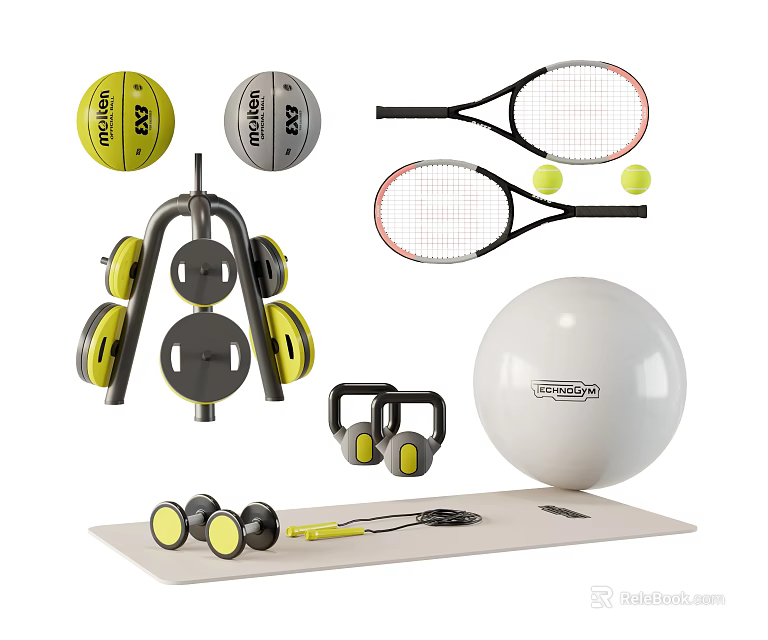Essential Sports Equipment Collection Including Tennis Rackets Dumbbells Exercise Ball And Yoga Mat 3d model 