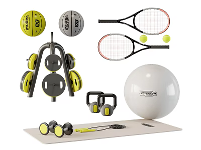 Essential Sports Equipment Collection Including Tennis Rackets Dumbbells Exercise Ball And Yoga Mat 3d model