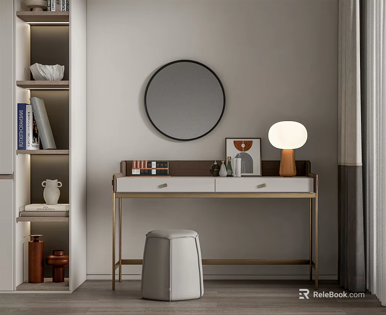 Modern Dressing Table With Round Mirror Table Lamp And White Stool 3d model