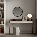 Modern Dressing Table With Round Mirror Table Lamp And White Stool 3d model