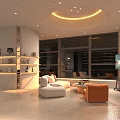 Warm Modern Office Lounge Space With Large Seaview Window And Cozy Stylish Comfortable Furnishings