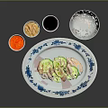 Sliced Chicken Served On Blue And White Plate With Small Condiment Bowls And Rice Bowl
