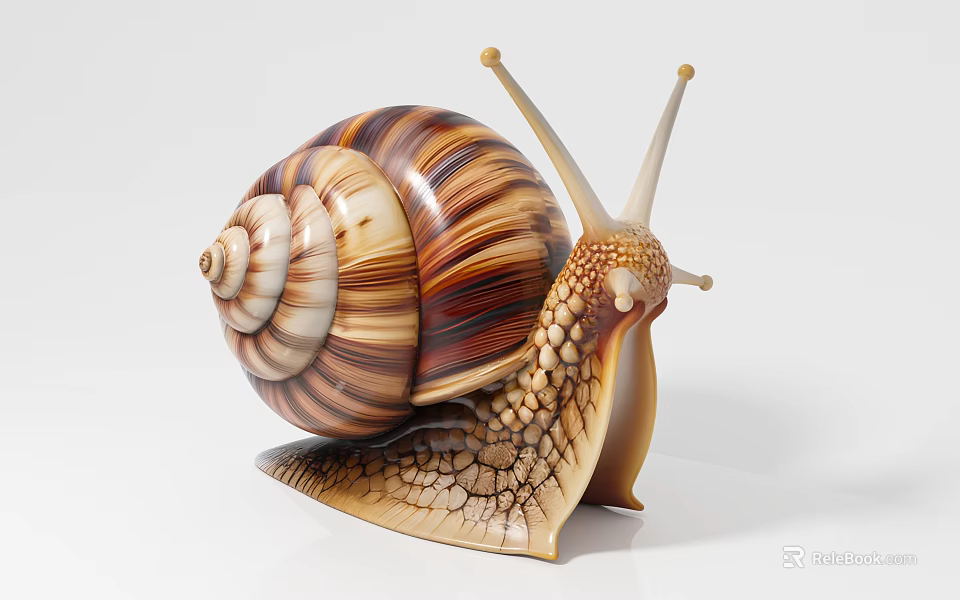 Reptile Snail With Spiral Striped Shell And Textured Body On White Background Close Up View 3d model 