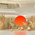 Stylish Shopping Mall Interior Decor With Red Circular Backdrop Golden Reeds Sofa And Ornaments