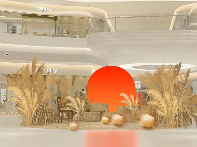 Stylish Shopping Mall Interior Decor With Red Circular Backdrop Golden Reeds Sofa And Ornaments 3d model