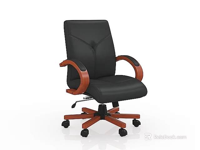 Comfortable Black Leather Office Chair With Wooden Armrests And Swivel Wheels 3d model 