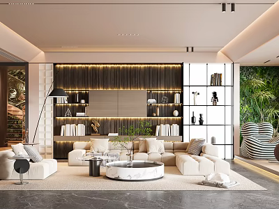Modern Living Room Interior With Beige Sofa Coffee Table Bookshelf And Green Plants 3d model