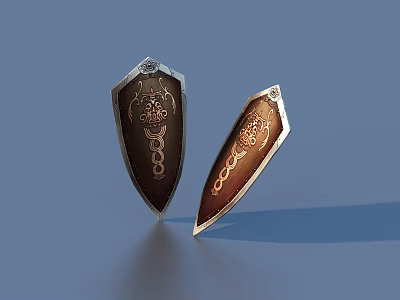 Decorative Shield Shaped Household Items With Intricate Brown And Gold Patterns 3d model