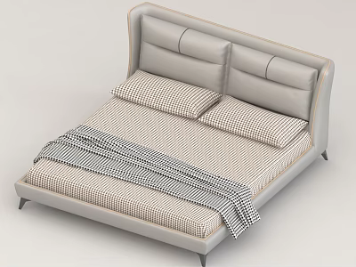 Modern Double Bed with Gray Stitched Headboard Striped Bedspread and Checkered Blanket 3d model