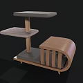 Modern Wooden Multi Layer Storage Shelf With Gray Platforms And Curved Base Design