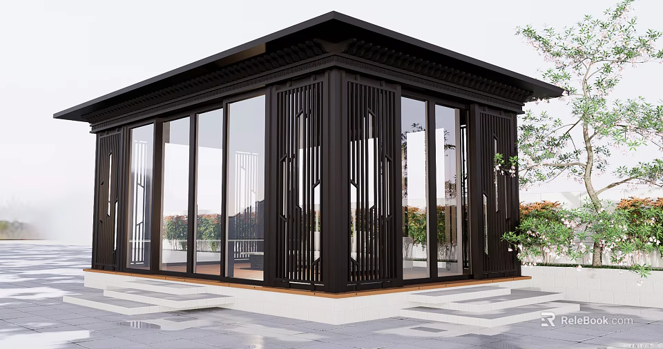 Modern Black Pavilion With Glass Curtain Walls And Metal Frames Stone Steps And Greenery 3d model 