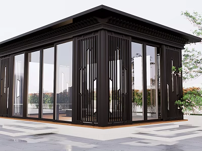 Modern Black Pavilion With Glass Curtain Walls And Metal Frames Stone Steps And Greenery 3d model