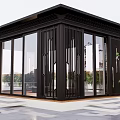 Modern Black Pavilion With Glass Curtain Walls And Metal Frames Stone Steps And Greenery