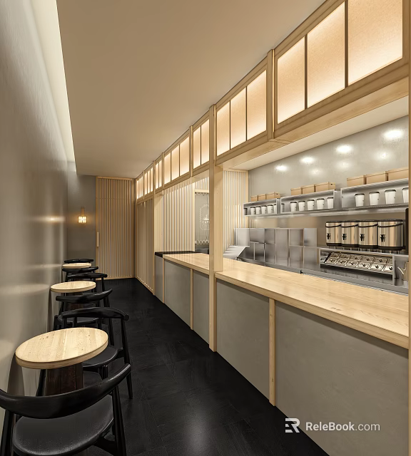 Modern Bubble Tea Shop Interior With Wooden Counter Round Tables Stools And Containers 3d model 