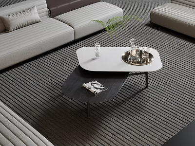 Modern Stylish Coffee Table With Double Layer Decorative Tray Vase Near Sofa On Striped Rug 3d model