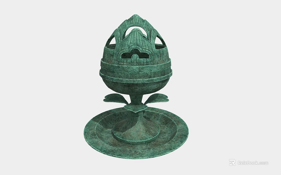 Green Egg Shaped Decorative Ornament Set With Hollow Out Design And Base Tray 3d model 