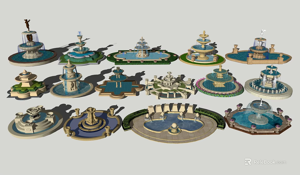 Various Classical Fountains With Multi Tiered Bases And Ornate Sculptural Details 3d model 