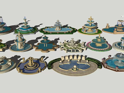 Various Classical Fountains With Multi Tiered Bases And Ornate Sculptural Details 3d model