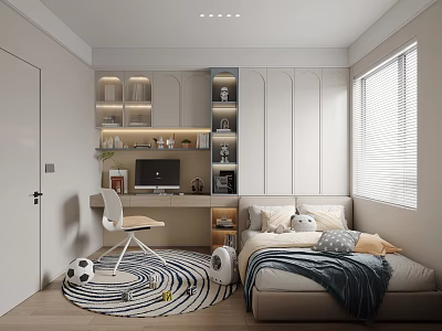 Modern Minimalist Kids Room Interior With Bed Desk Chair Zebra Striped Rug And Soccer Ball 3d model
