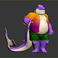 Purple Creature Character In Orange Pink Shirt And Green Shorts With Tail And 3D Design