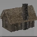 Rustic Log Cabin With Thatch Roof Stone Chimney Log Walls And Wooden Windows