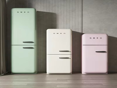 SMEG Vintage Style Mint Green White Pink Refrigerators in Modern Minimalist Interior 3d model