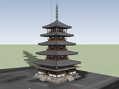 Traditional Five Story Tower With Overhanging Eaves Gray Roof And White Walls 3d model