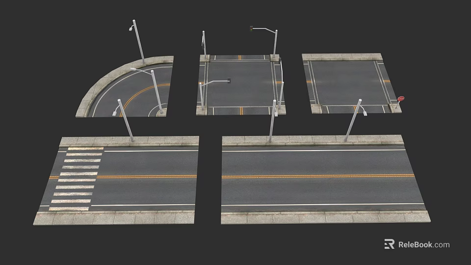 Municipal Road Design with Street Lamps Zebra Crossings Road Markings Straight Curved Sections and Intersections 3d model 