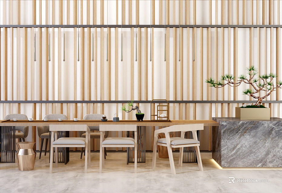 Elegant Conference Table with Wooden Slat Wall Background and Potted Pine Tree on Light Floor 3d model 