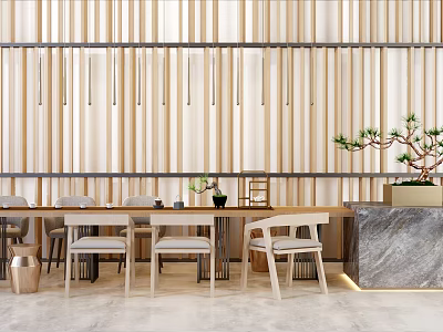 Elegant Conference Table with Wooden Slat Wall Background and Potted Pine Tree on Light Floor 3d model