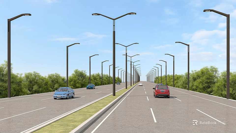 Road Infrastructure Featuring Street Lights Cars And Green Vegetation On Wide Road 3d model 