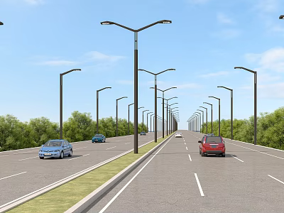 Road Infrastructure Featuring Street Lights Cars And Green Vegetation On Wide Road 3d model