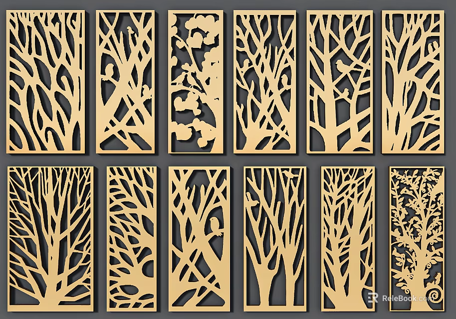 Decorative Wooden Room Dividers With Laser Cut Tree And Floral Patterns 3d model 