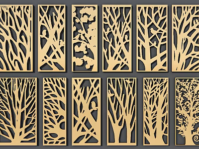 Decorative Wooden Room Dividers With Laser Cut Tree And Floral Patterns 3d model
