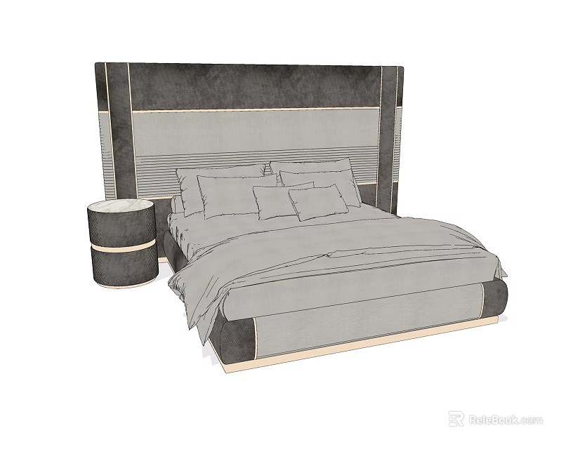 Modern Double Bed With Upholstered Gray Black Headboard Round Nightstand Pillows And Bedspread 3d model 