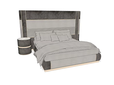 Modern Double Bed With Upholstered Gray Black Headboard Round Nightstand Pillows And Bedspread 3d model