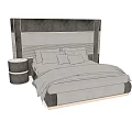 Modern Double Bed With Upholstered Gray Black Headboard Round Nightstand Pillows And Bedspread