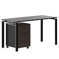 Modern Black Desk With Rolling Drawer Cabinet And Metal Frame Design