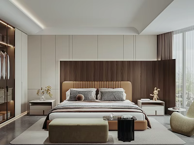 Modern Bedroom Interior With Wooden Headboard Comfortable Bed Pillows Bedside Tables Foot Bench Armchair Curtains 3d model