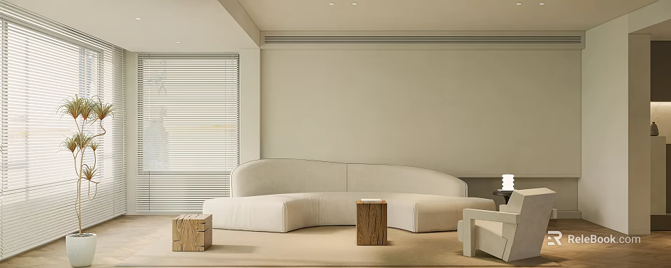 Modern Minimalist Living Room Interior Design With White Curved Sofa Wooden Stumps And Window Blinds 3d model 