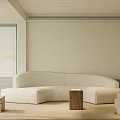 Modern Minimalist Living Room Interior Design With White Curved Sofa Wooden Stumps And Window Blinds