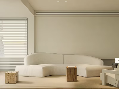 Modern Minimalist Living Room Interior Design With White Curved Sofa Wooden Stumps And Window Blinds 3d model