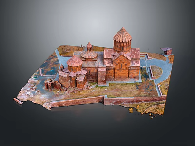 Cartoon Scene Featuring Ancient Building With Red Brown Domes Road And Fence 3d model