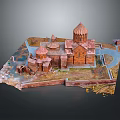 Cartoon Scene Featuring Ancient Building With Red Brown Domes Road And Fence