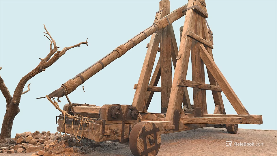 Ancient Wooden Catapult War Weapon With Wheels And Stone Projectiles For Medieval Battles 3d model 
