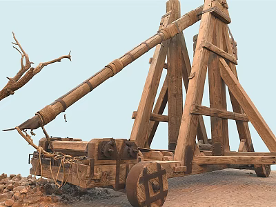 Ancient Wooden Catapult War Weapon With Wheels And Stone Projectiles For Medieval Battles 3d model