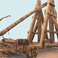 Ancient Wooden Catapult War Weapon With Wheels And Stone Projectiles For Medieval Battles
