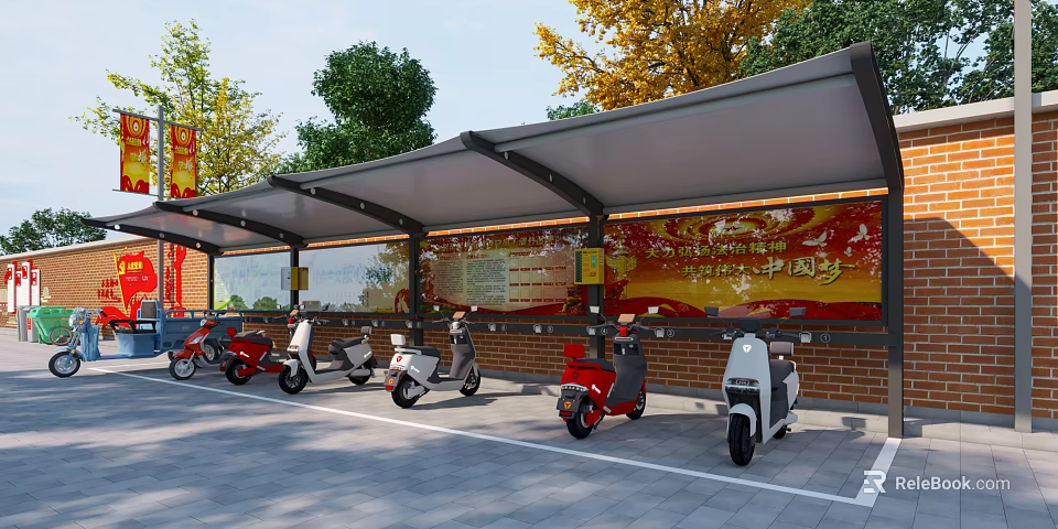 Covered Outdoor Parking Lot For Electric Scooters With Brick Wall And Trees 3d model 