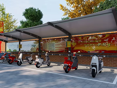 Covered Outdoor Parking Lot For Electric Scooters With Brick Wall And Trees 3d model