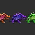 Colorful Spiked Creatures 3D Models Featuring Red Purple Green with Sharp Teeth